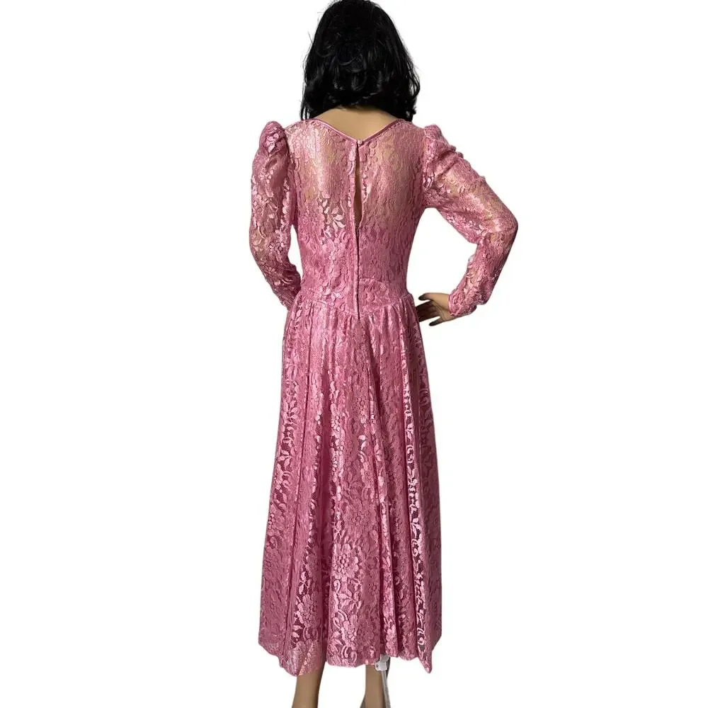 American vintage 70's pink lace prom Bridesmaid midi dress small